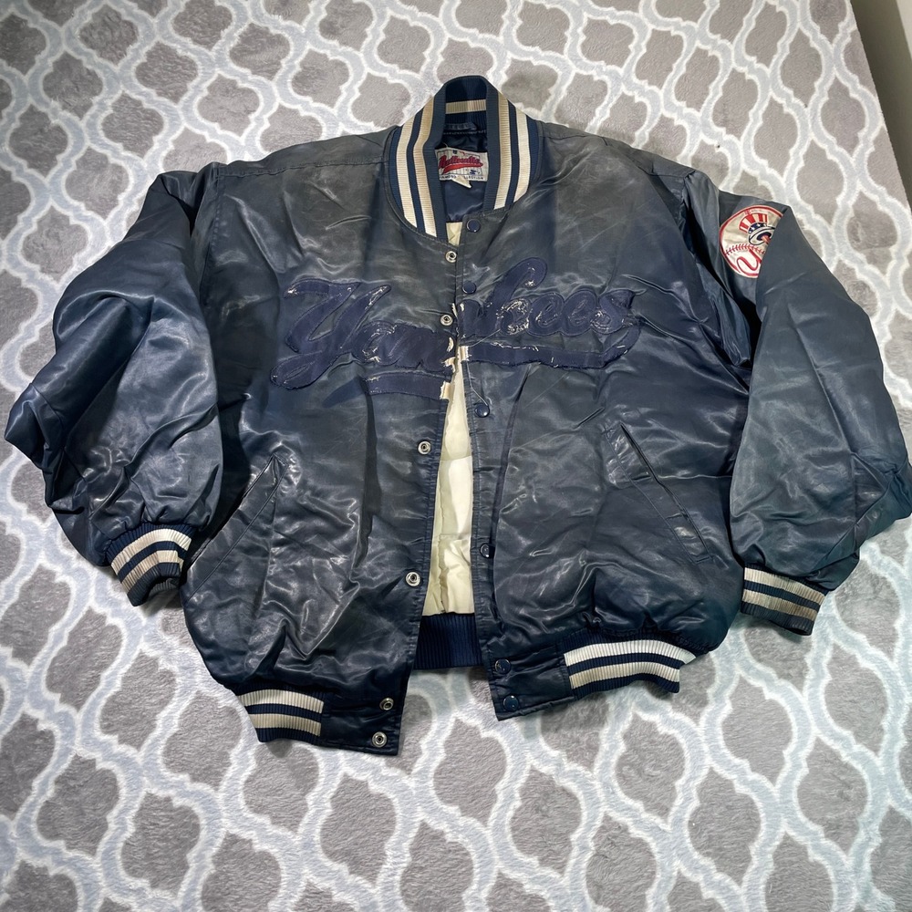 Vintage Starter New York Yankees MLB Varsity Jacket Mens L Navy Satin 90s